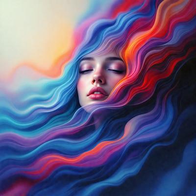 The primary subject of the image is a woman with long, flowing hair. She is wearing a blue dress and has a pink lipstick on. The setting is a colorful, abstract background that adds a vibrant and artistic touch to the scene. The visual style of the image is a combination of digital art and illustration, creating a unique and eye-catching representation of the woman. The colors and mood of the image are predominantly blue and pink, which contribute to a sense of tranqu